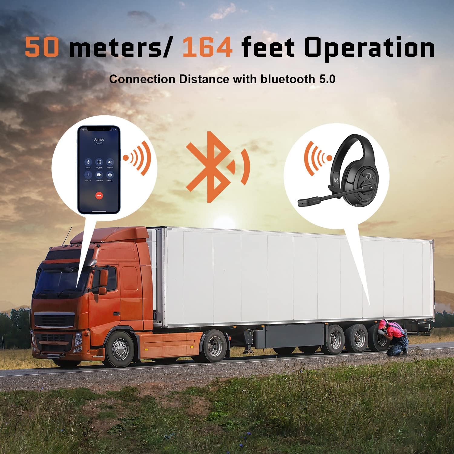 EKSA Noise Canceling Trucker Bluetooth Headset with Microphone Wireless Over Ear Headphones, 99ft Long Wireless Range, Up to 30 Hours of Talk Time