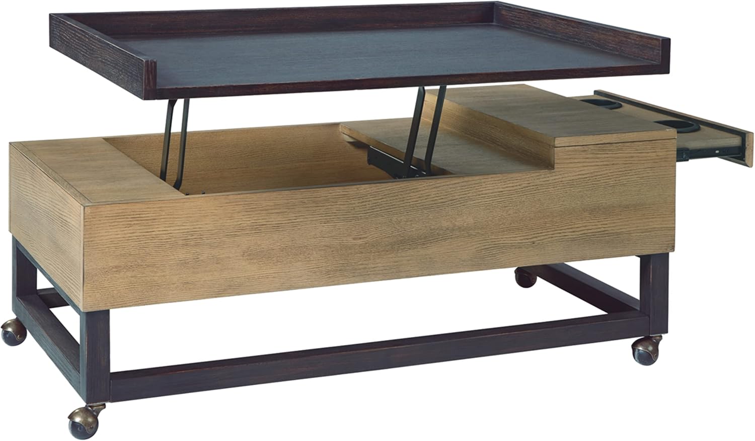 Signature Design by Ashley Fridley Modern Lift Top Cocktail Table with Cupholders and Casters, Light Brown