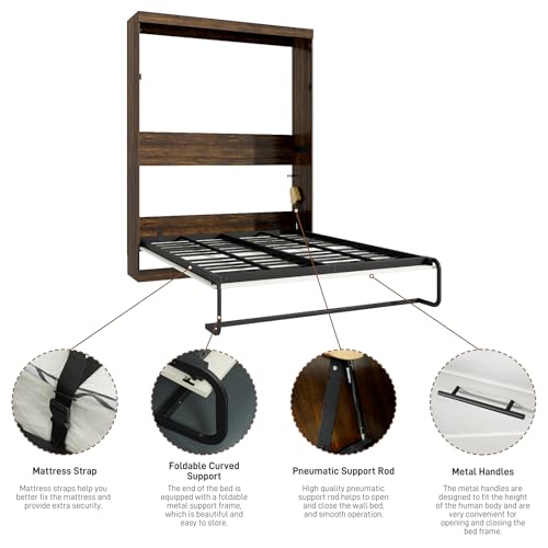Queen Size Murphy Bed with 2 LED Lights, Farmhouse Wood Hidden Foldable Wall Bed Frame w/Gas Struts, Storage Bed Cabinet for Bedroom, Office
