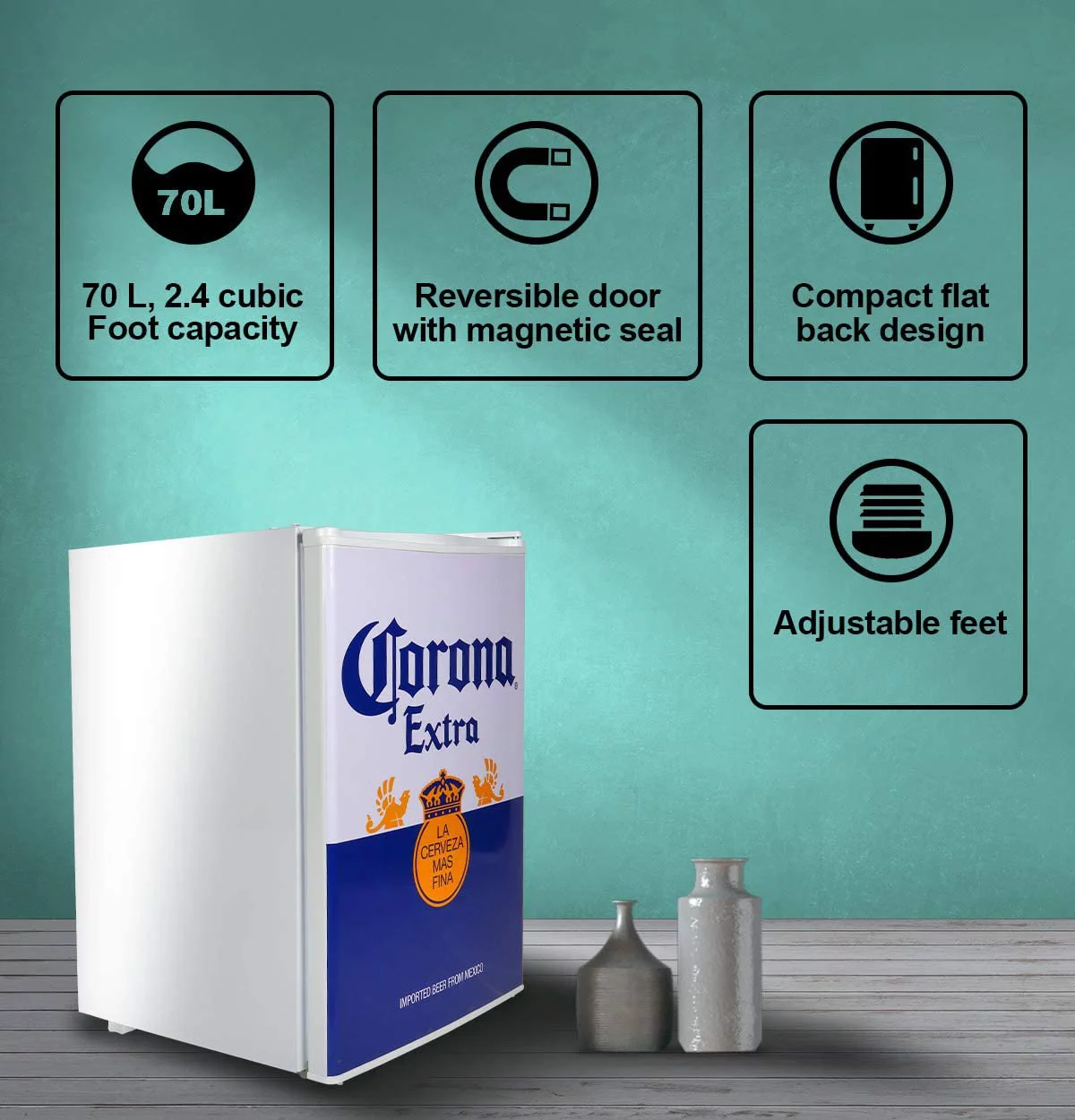 Corona Mini Beer Fridge with Freezer, 2.4 Cu. ft, 70 L for Frozen Meals, Beverages, White Blue