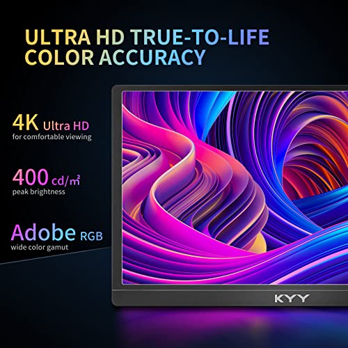 4K Portable Monitor - KYY 15.6'' 3840x2160 UHD USB-C Monitor, 100% Adobe RGB, 400cd/㎡
