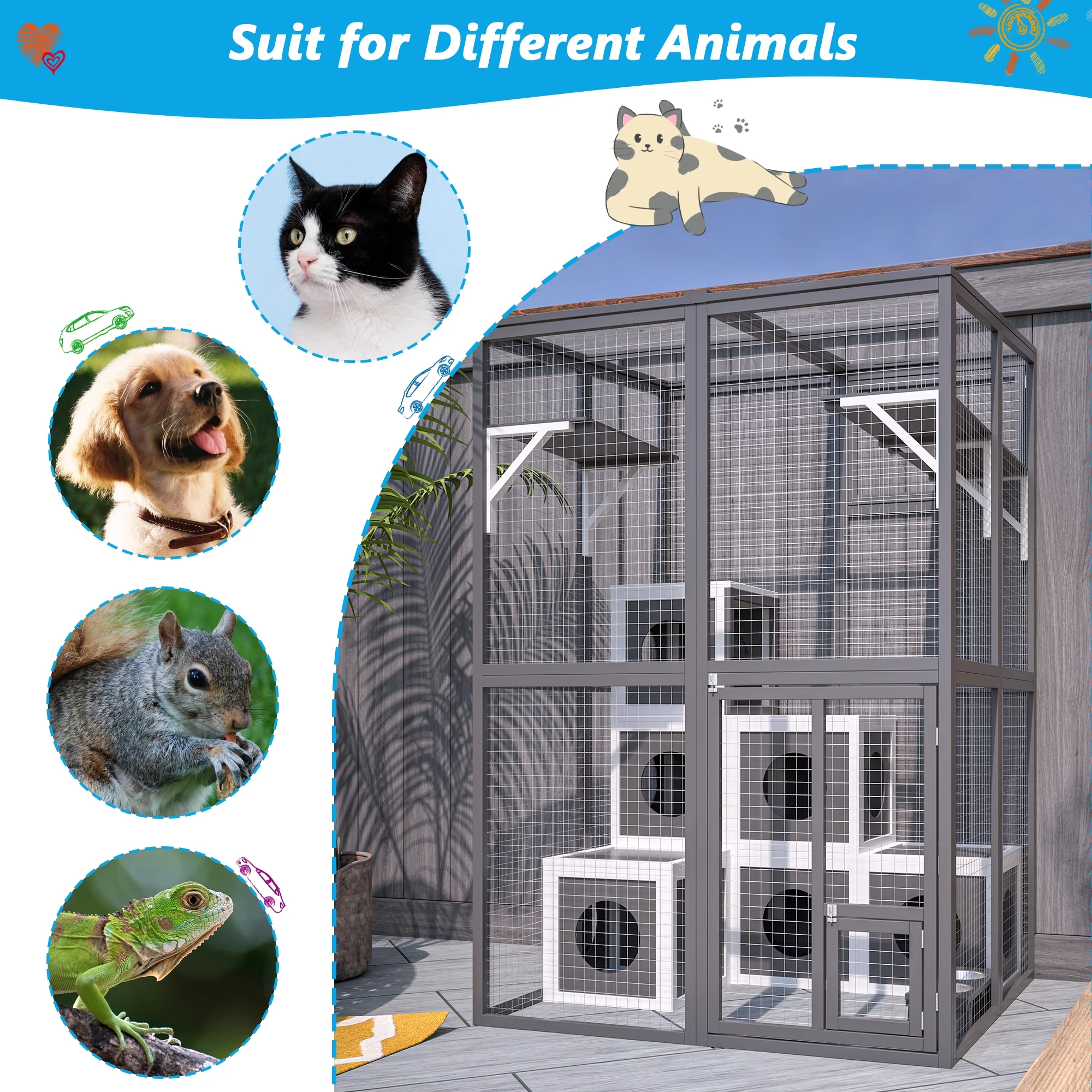 Montary Catio Outdoor Cat Enclosure with Window Access, 4-Tier Cat House with Wheels, Waterproof Roof &amp; Resting Box, Large Gray Cage