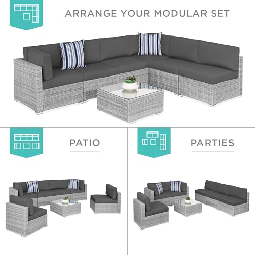 Best Choice Products 7-Piece Modular Outdoor Sectional Wicker Patio Conversation Set w/ 2 Pillows, Coffee Table, Cover Included - Gray/Navy