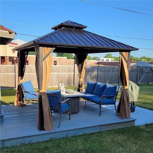 Domi 10' x 10' Hardtop Gazebo Outdoor Metal Gazebo with Galvanized Steel Double Roof Canopy, Curtains and Netting for Patio, Backyard, Deck