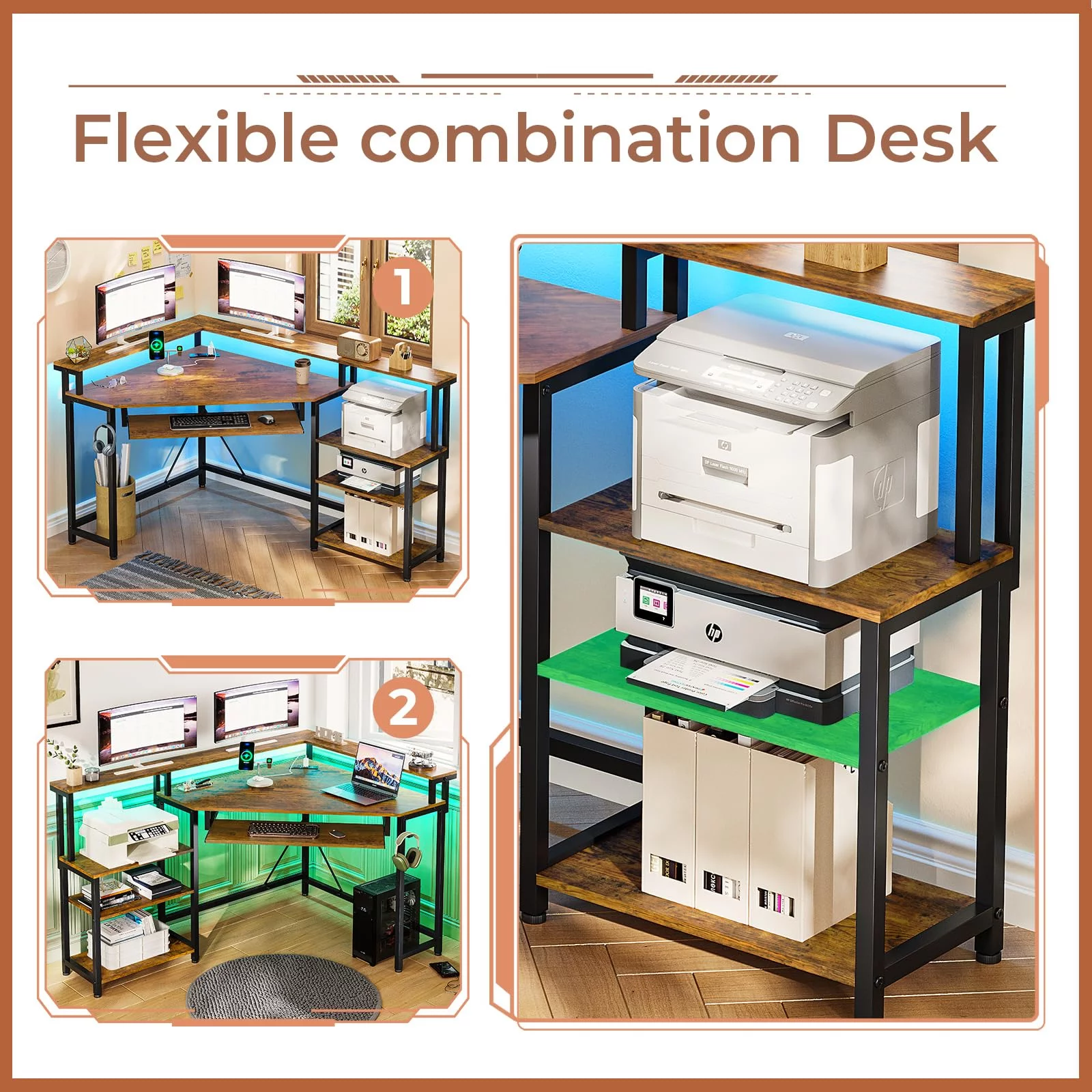 Computer Desk with USB Charging Ports,Corner Desk Gaming Desk with LED Lights, Home Office Desk with Storage for Small Space, Rustic Brown