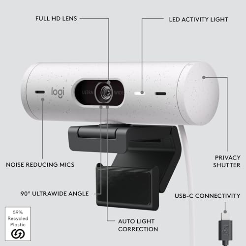 Logitech Brio 500 Full HD Webcam with Auto Light Correction,Show Mode, Dual Noise Reduction Mics, Webcam Privacy Cover, Works with Microsoft Teams