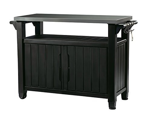 Keter Outdoor Rolling Table Cart for Food Prep, Storage, Bar & Grill, Dark Brown - Portable Kitchen Island Tabletop with Wheels for Drinks, Snacks