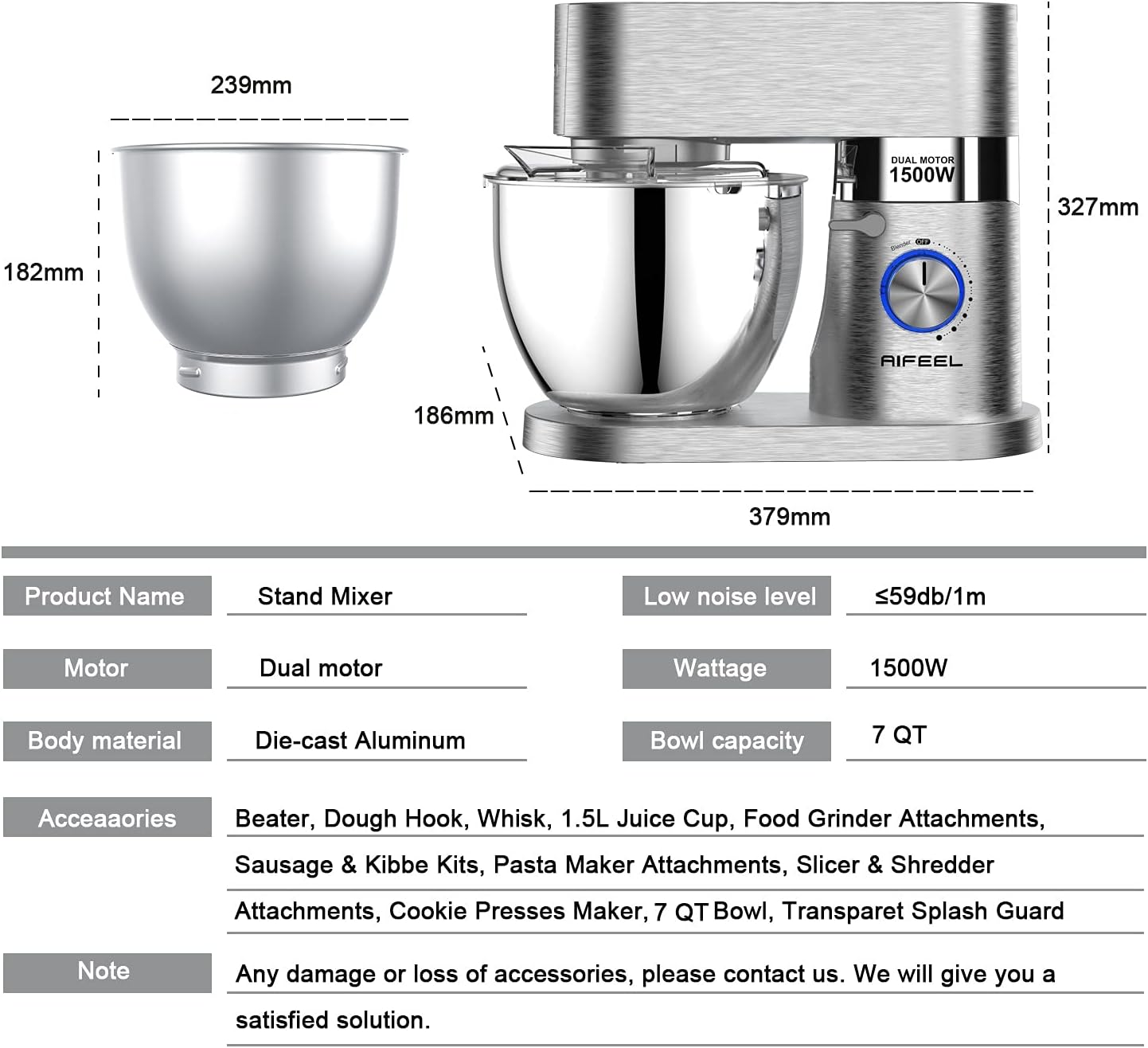 Die-cast stand mixer,Aifeel 9 Accessories Multifunctional Kitchen Mixer Low Noise