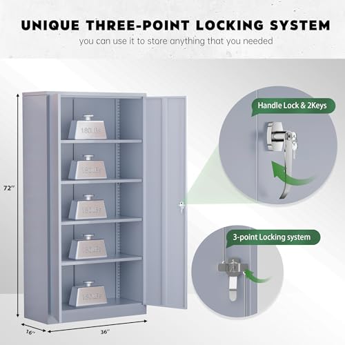 Greenvelly Steel SnapIt Storage Cabinet 72" Locking Metal Garage Storage Cabinet with 4 Adjustable Shelves, 2 Doors and Lock for File, Office, Garage