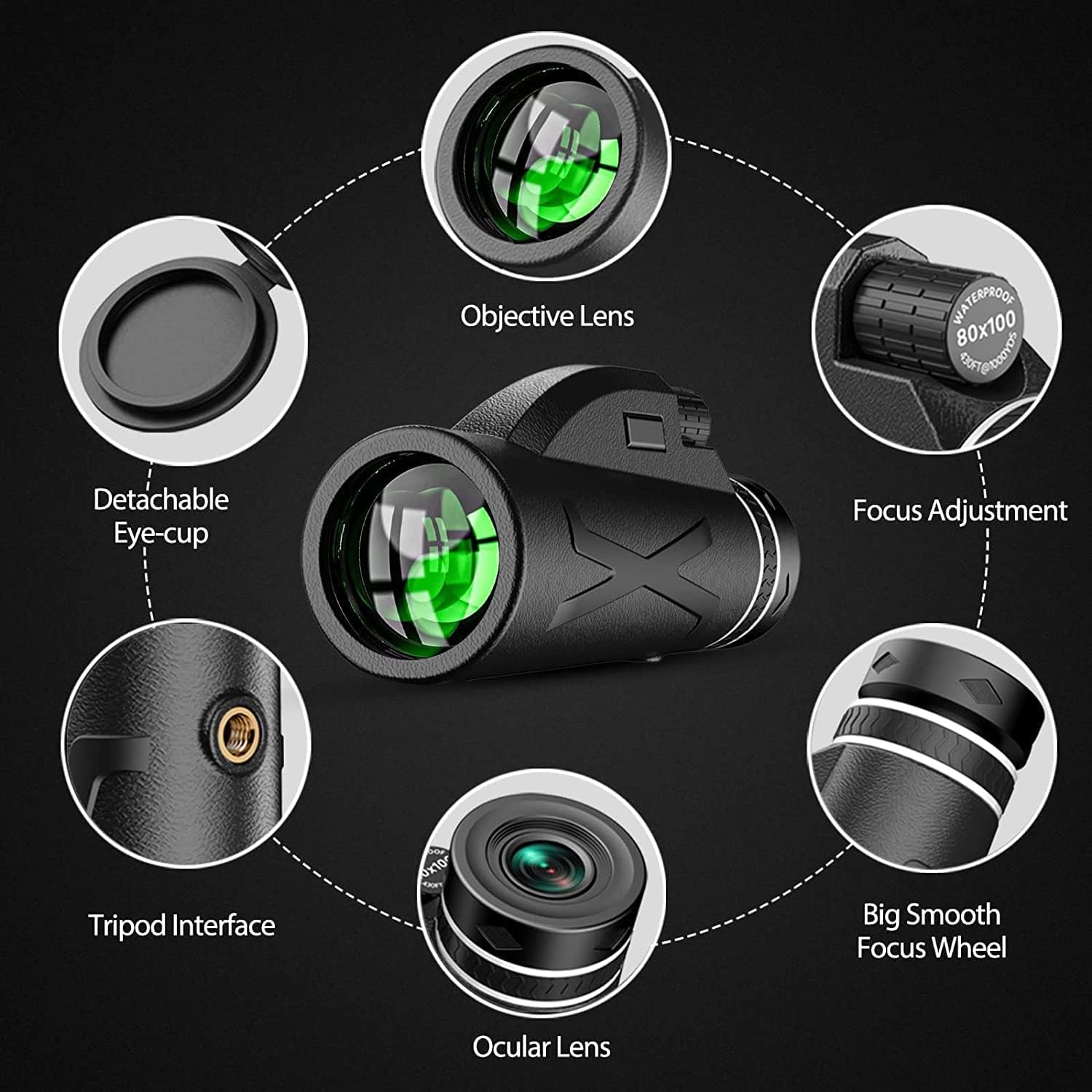 Monocular Telescope - 80x100 Compact High Power Monocular for Adults Kids HD Bifocal with Smartphone Holder and Tripod