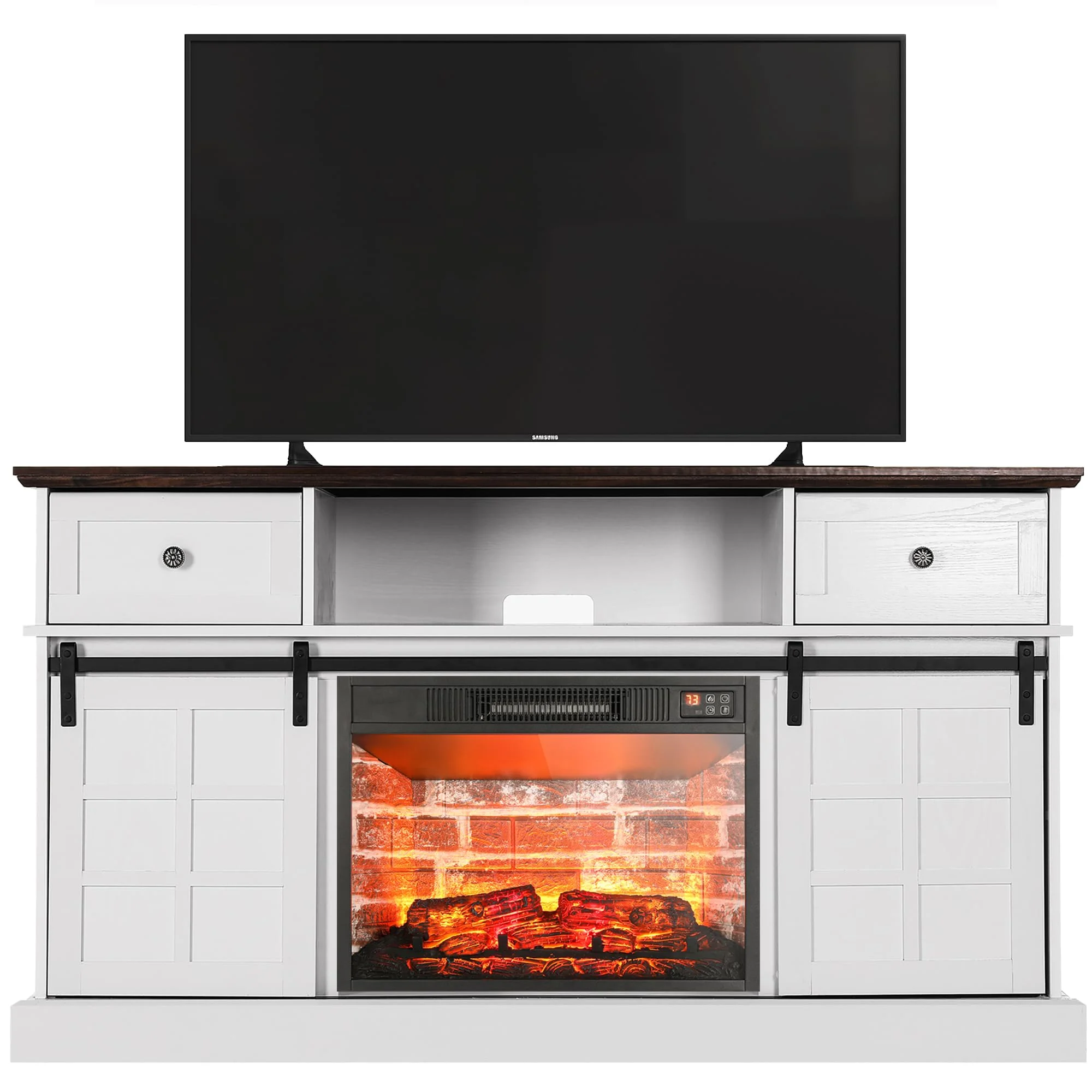 Fireplace TV Stand, White Modern Farmhouse Entertainment Center for 65" TV for Living Room