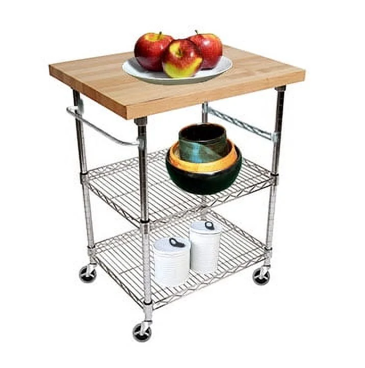 3 Tier Gourmet Cart with 26" Deep x 40" Wide Maple Butcher Block Top