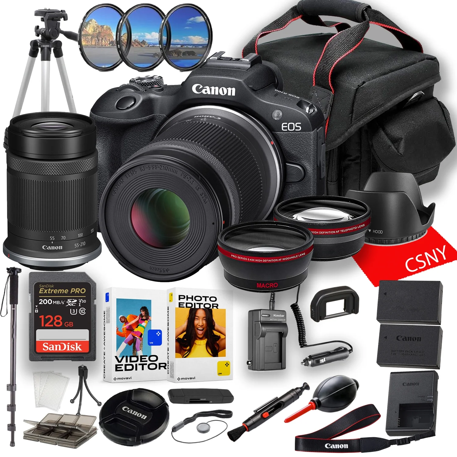 Canon EOS R100 Mirrorless Camera with 55-210mm Lens + 128 GB Memory + Pro Series 0.43x Af Wideangle Lens + Pro Series 2.2x Af Telephoto Lens +