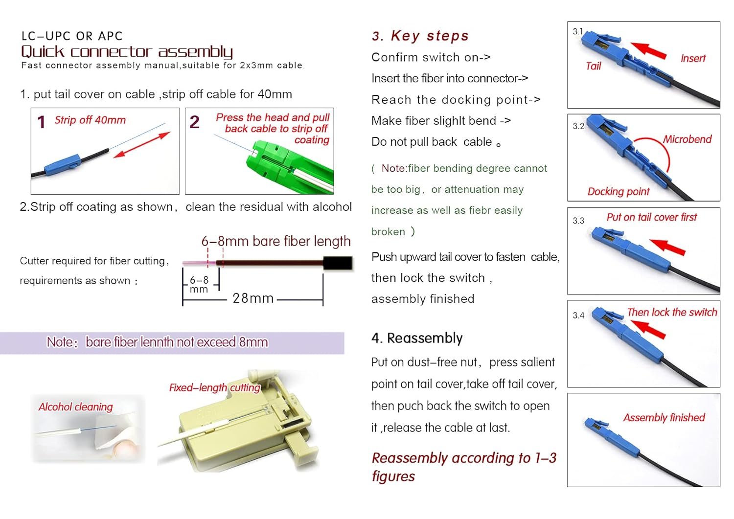 200pcs LC UPC Fiber Optic Quick Connector with Matched Tools Fiber Optic Fast Connectors Single Mode 9/125 Fiber Mechanical Connectors Adapter for