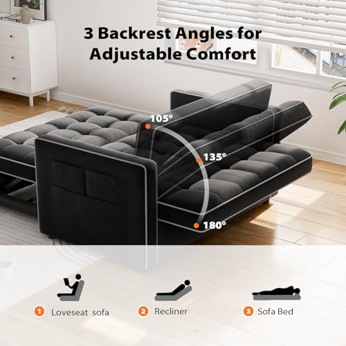 Pipishell 3 in 1 Convertible Sleeper Sofa Bed,Pull Out Couch for Living Room with USB Ports & Side Pockets,Adjustable Backrest,Velvet
