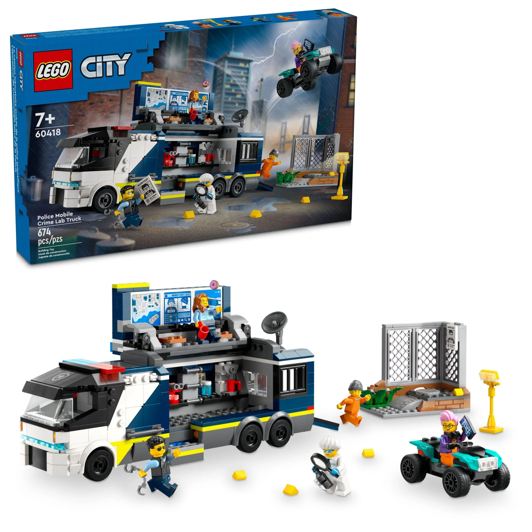 LEGO City Police Mobile Crime Lab Truck Toy, Pretend Play Police Toy, Includes Quad Bike, 2 Officers, 1 Scientist and 2 Crook Minifigures