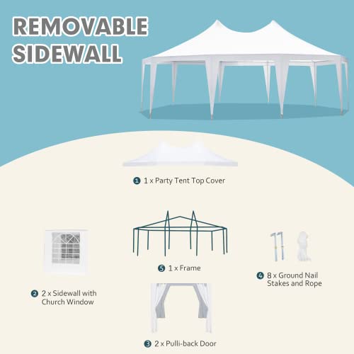 EROMMY 26x19ft Party Tent, White Wedding Tent, Decagonal Heavy Duty Canopy with 8 Removable Sidewalls, 8 Church Windows and 2 Pull-Back Doors