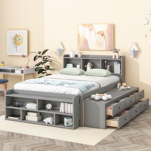 SOFTSEA Full Size Platform Bed with Storage, Platform Bed with Drawers and Bed End Case, Wood Platform Bed Frame with Storage Bookcase Headboard