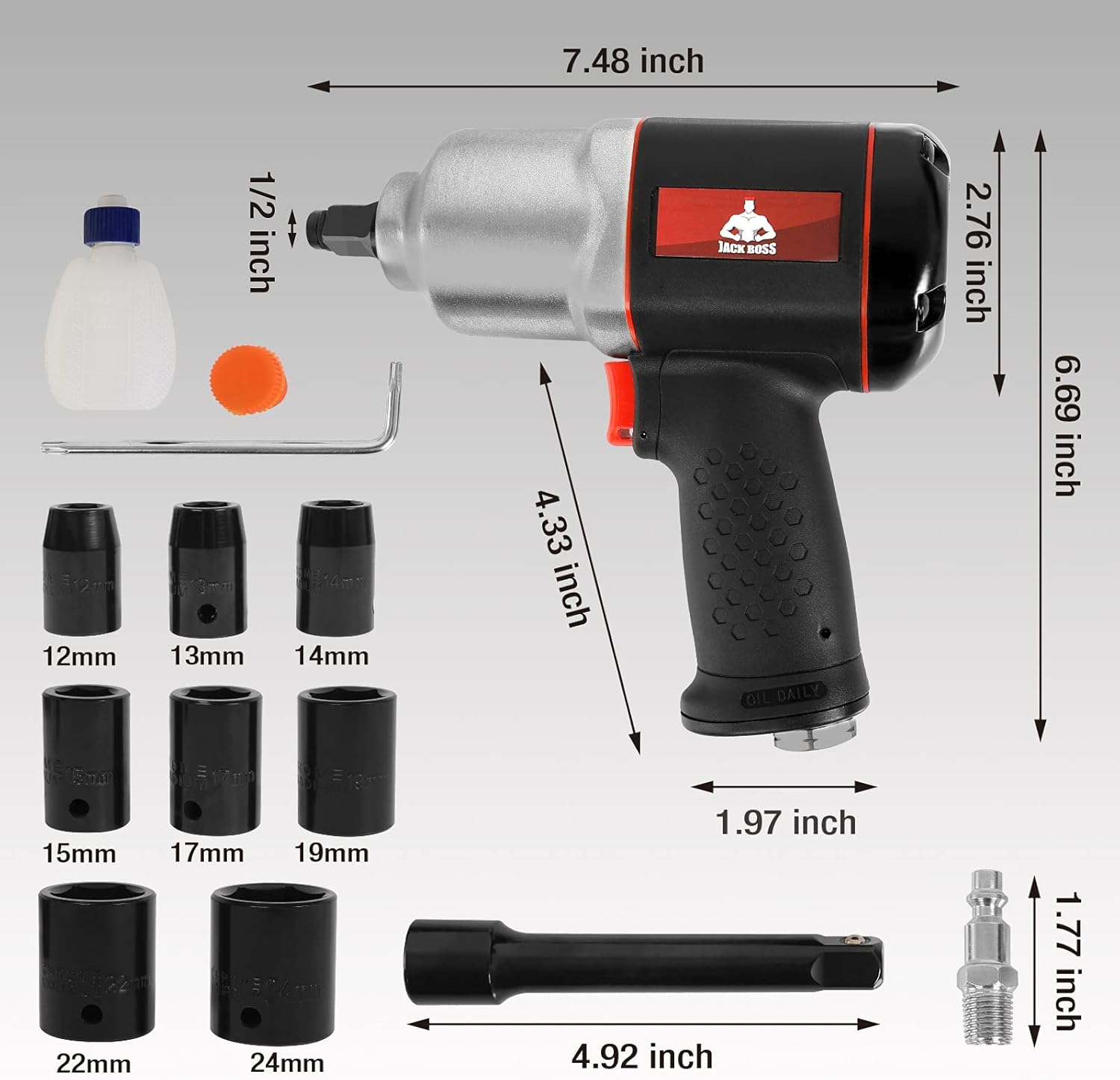 Jack Boss 1/2-Inch Drive Air Impact Wrench 664 ft-lbs Powerful Torque Pneumatic Impact Wrench Twin Hammers with 8 Sockets &Case