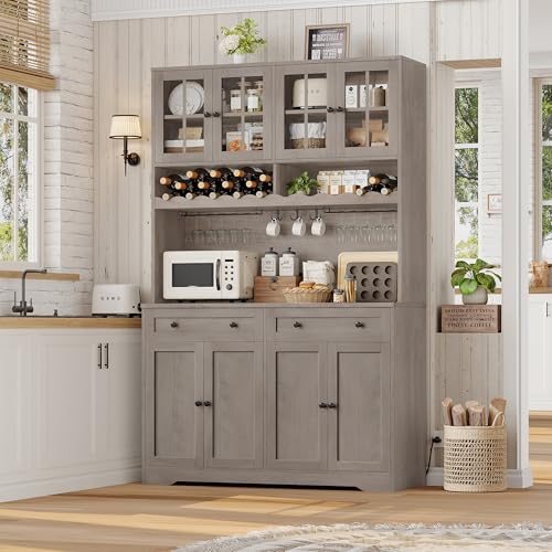 HOSTACK 75.4" Tall Kitchen Pantry Cabinet with Charging Station, Modern White Kitchen Hutch with Microwave Stand and Wine Rack