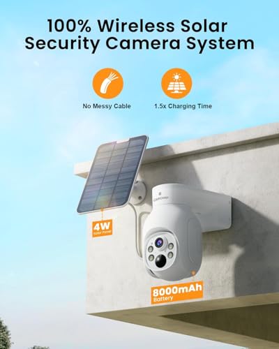 Camcamp Wireless Security Camera System, Solar Powered PTZ 4MP 6 Cam-kit Camera Security System, 500GB HDD NVR,Easy Installation, Color Night Vision