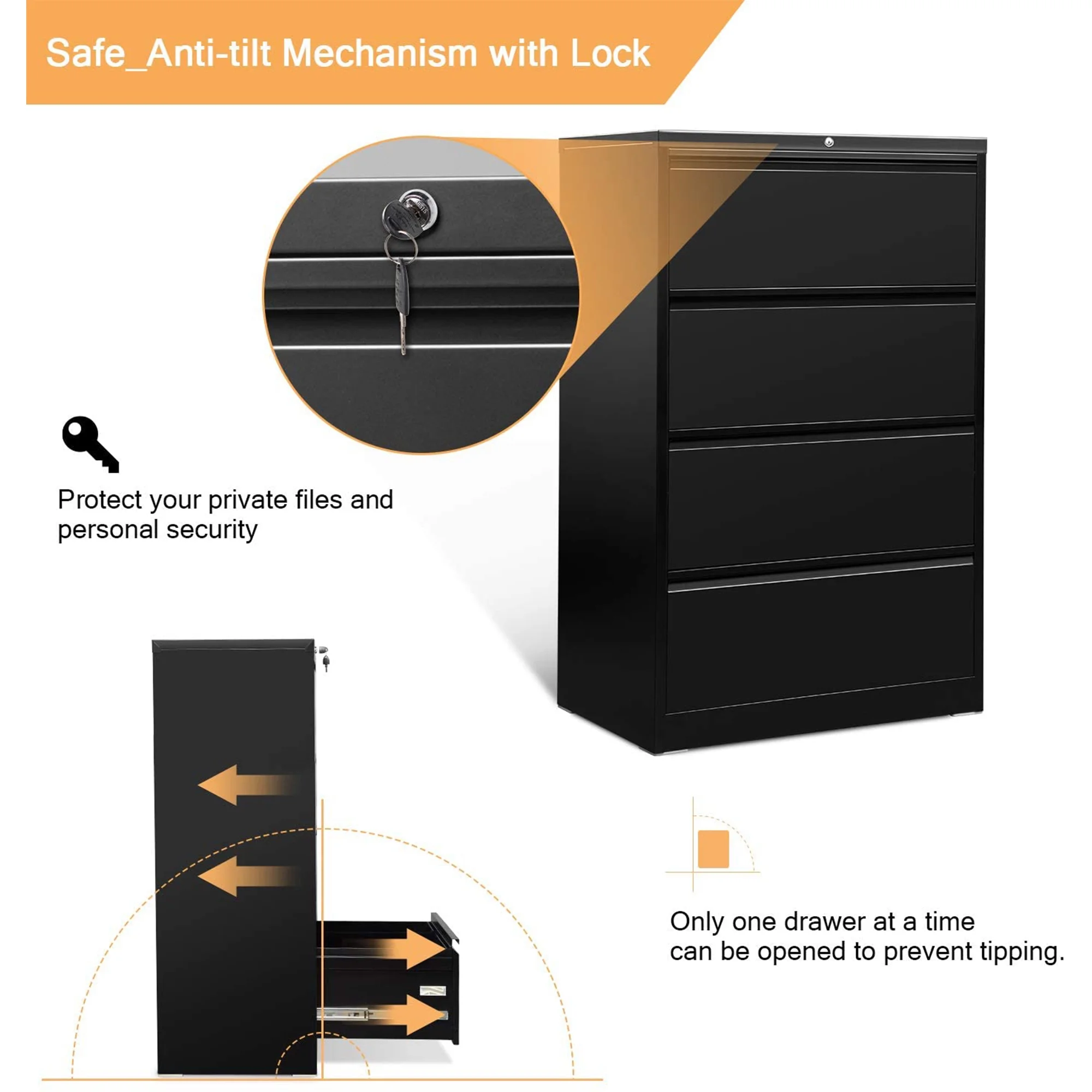 AOBABO 4 Drawer File Cabinet with Lock for Letter/Legal Size Paper, Black