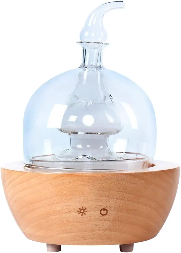 Aroma Essential Oil Diffuser Made from Wood and Hand Blown Glass for Aromatherapy Nerbulizer Pure Essential Oils with Touch Button Timer and 7 Color