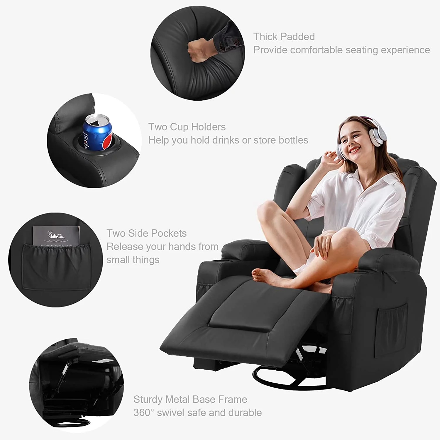 IPKIG Manual Recliner Chair, Faux Leather 360 Degree Swivel Rocker Recliner Chairs for Living Room