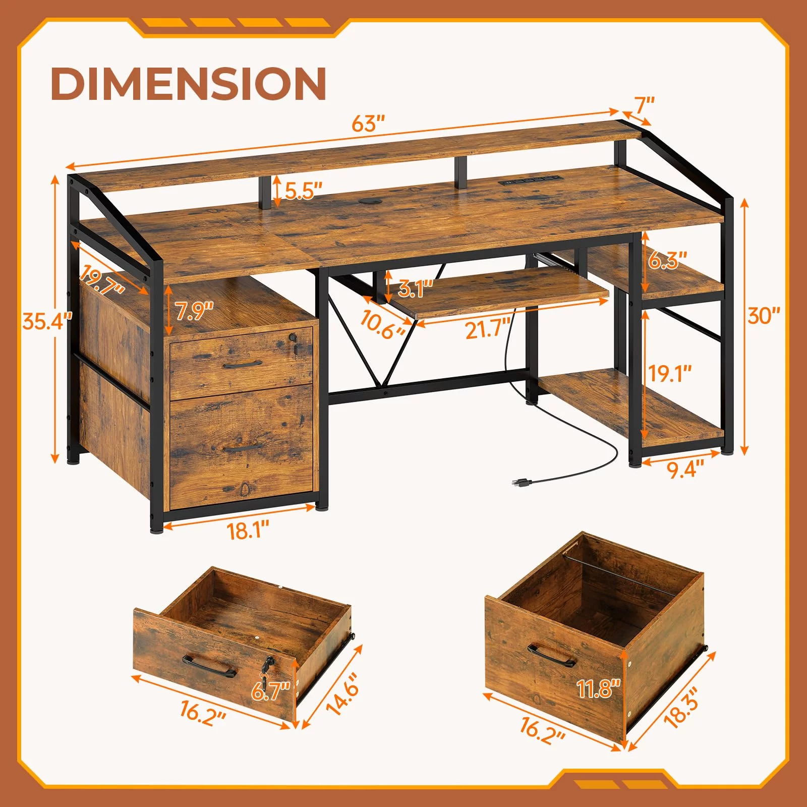 Computer Desk with LED Light and Power Outlet, 63 inches Gaming Desk with Lock Drawers for Legal/Letter File, Rustic Brown