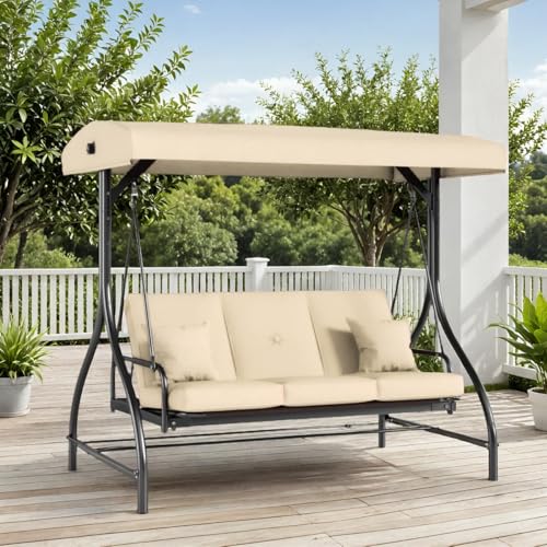 TLSUNNY 3-Seat Outdoor Patio Porch Swing with Adjustable Canopy & Backrest, Convertible Glider Bed with Stand, Removable Seat Cushion
