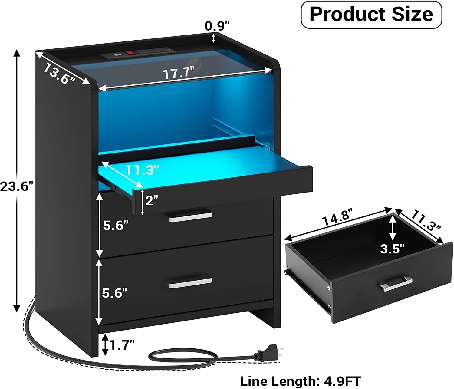 Black Nightstand with LED Lights and Charging Station,LED Nightstand with Sliding Storage Drawers & Shelf, Glass Top,Black