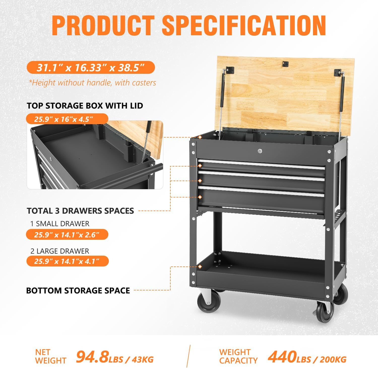 DNA MOTORING 3-Drawers Wood Top Utility Rolling Tool Chest Cabinet with Wheels, Heavy Duty Industrial Service Cart Keyed Locking System