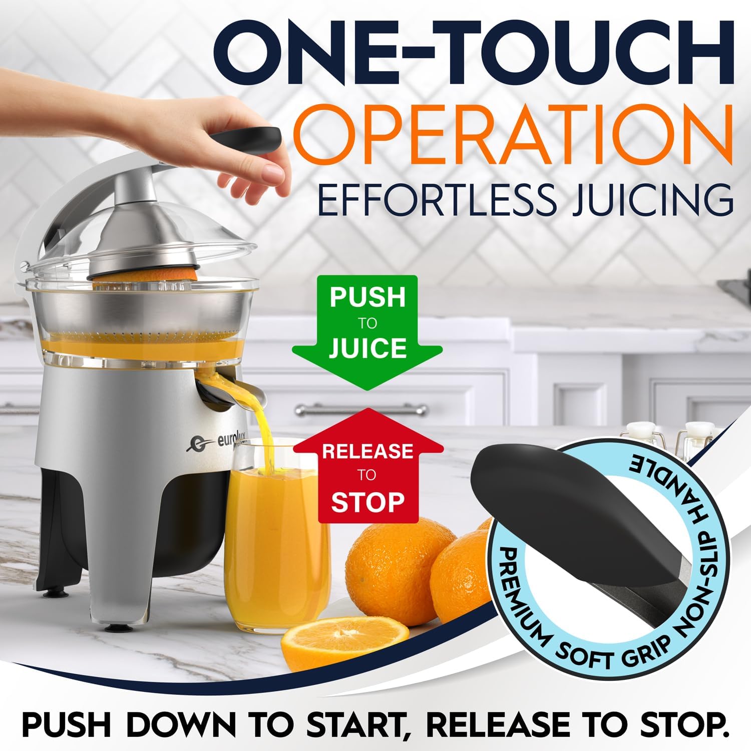 Eurolux Die Cast Stainless Steel Electric Citrus Juicer Squeezer, for Orange, Lemon, Grapefruit | 300 Watts of Power