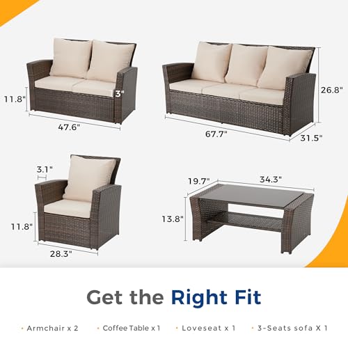 Wisteria Lane 4 Piece Outdoor Patio Furniture Sets, Wicker Conversation Set for Porch Deck, Gray Rattan Sofa Chair with Cushion
