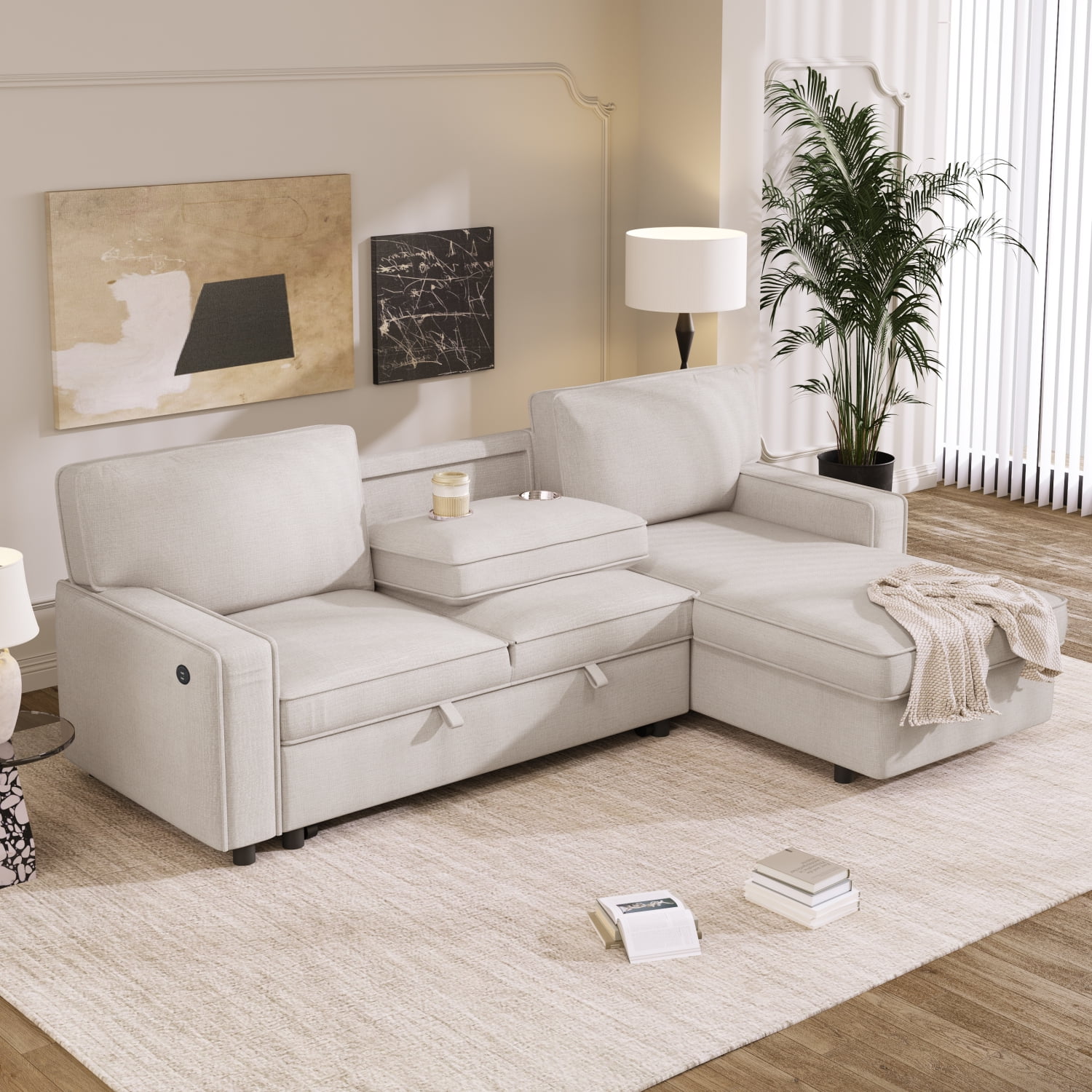 Churanty Pull Out Sofa Bed Sectional 3 Seater Sleeper Sofa Bed with with Storage chaise USB Port and 2 Cup Holders for Living Room Apartment,Beige