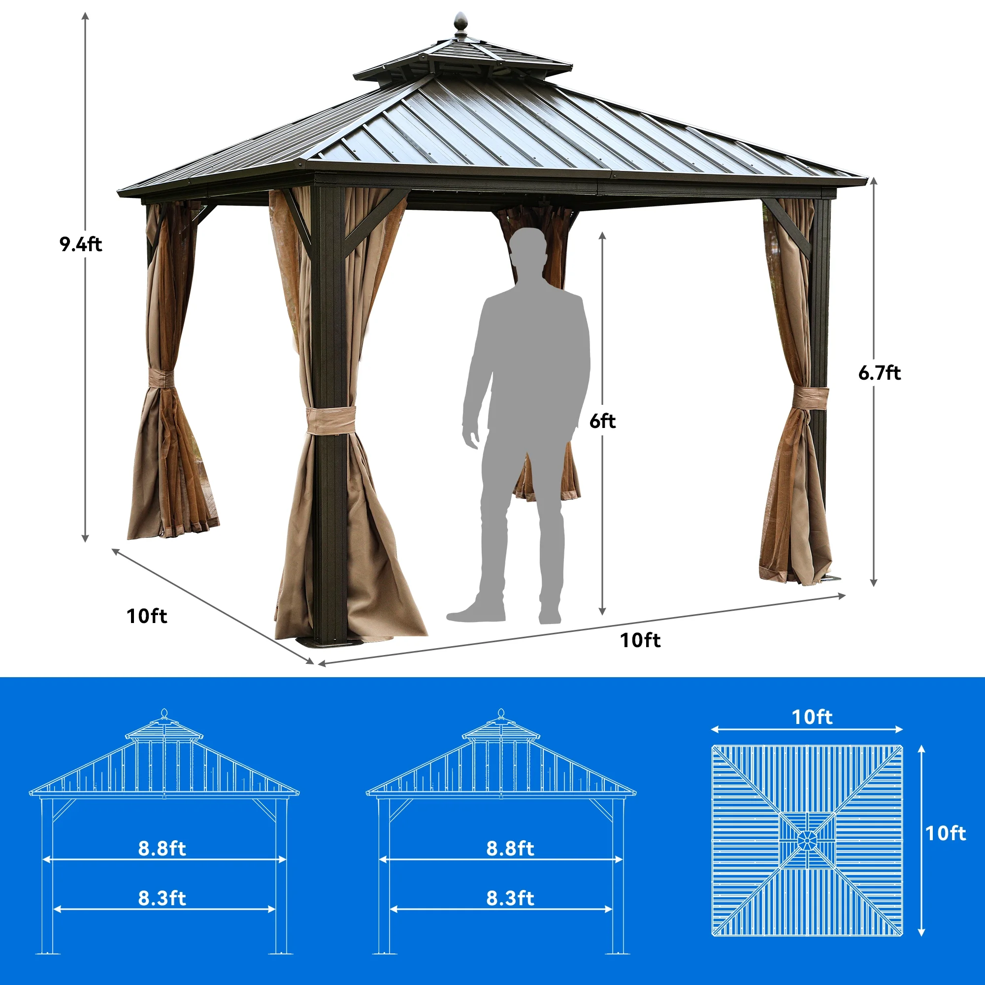 Dextrus 10x10ft Hardtop Gazebo with Nettings and Curtains