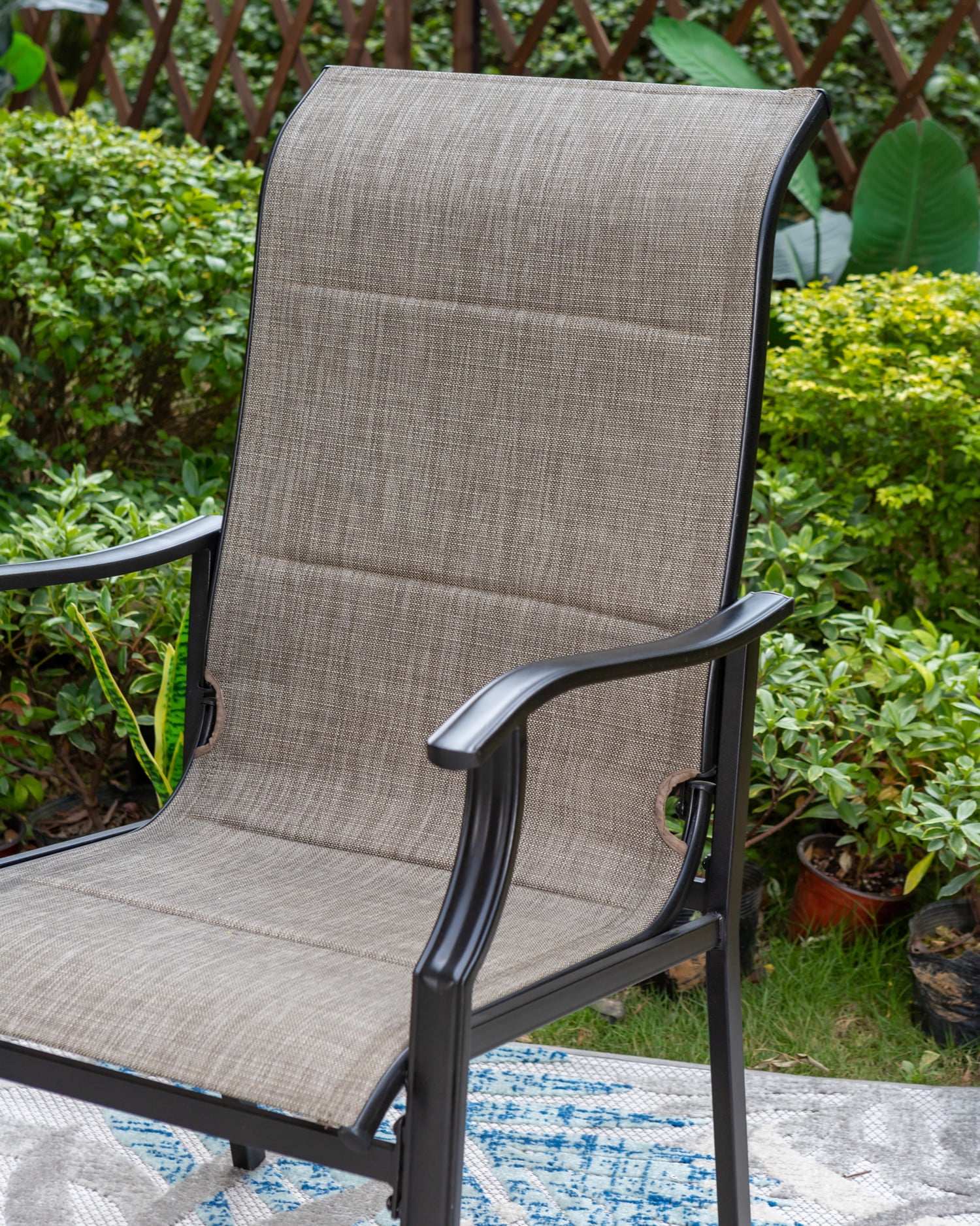 MF Studio 7 Pieces Outdoor Patio Dining Set with 6 Padded Textilene Chairs & Rectangular Steel Frame Table, Black & Gray