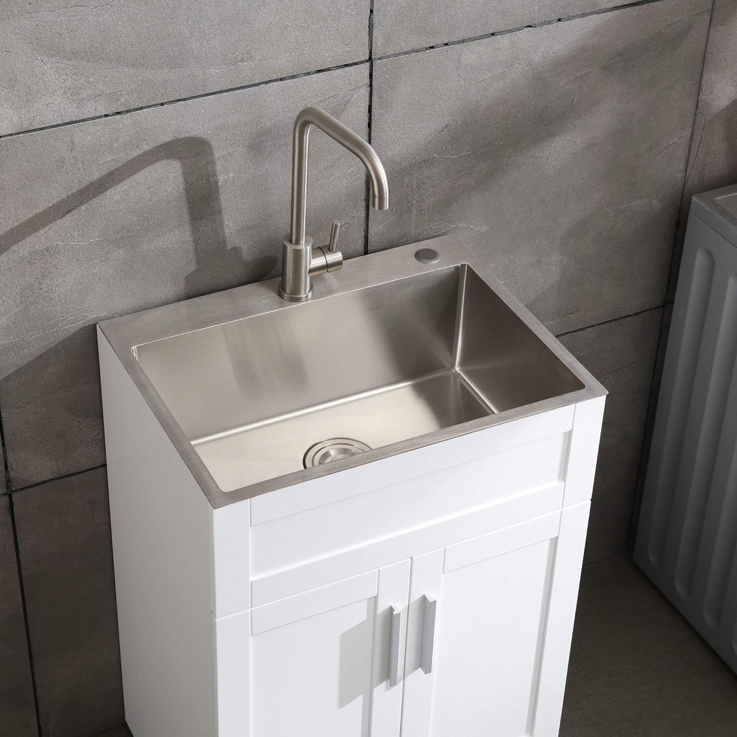 24 White Laundry Utility Cabinet w/ Stainless Steel Sink and Faucet Combo