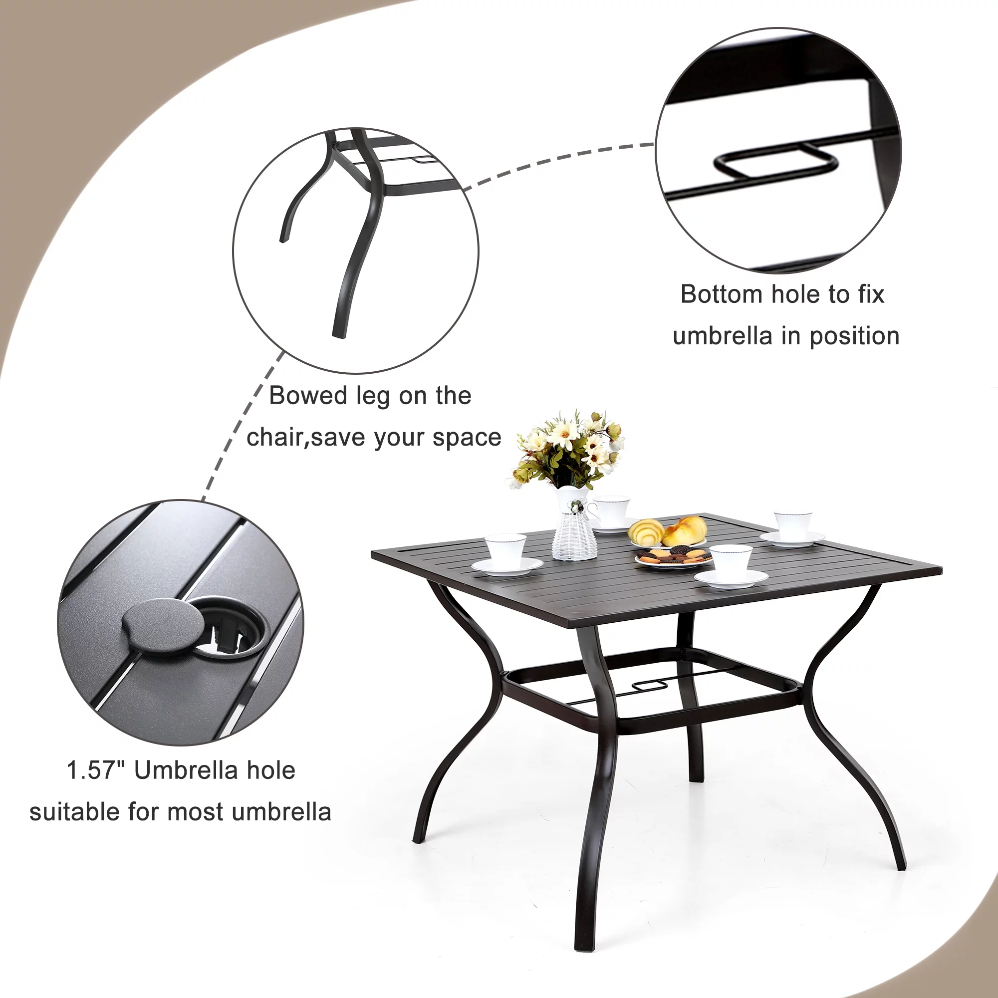 MF Studio 5-Piece Outdoor Patio Dining Set with 4 Pieces Cast Aluminum Stackable Armchairs and 1 Piece Metal Steel Dining Table,Black&Beige