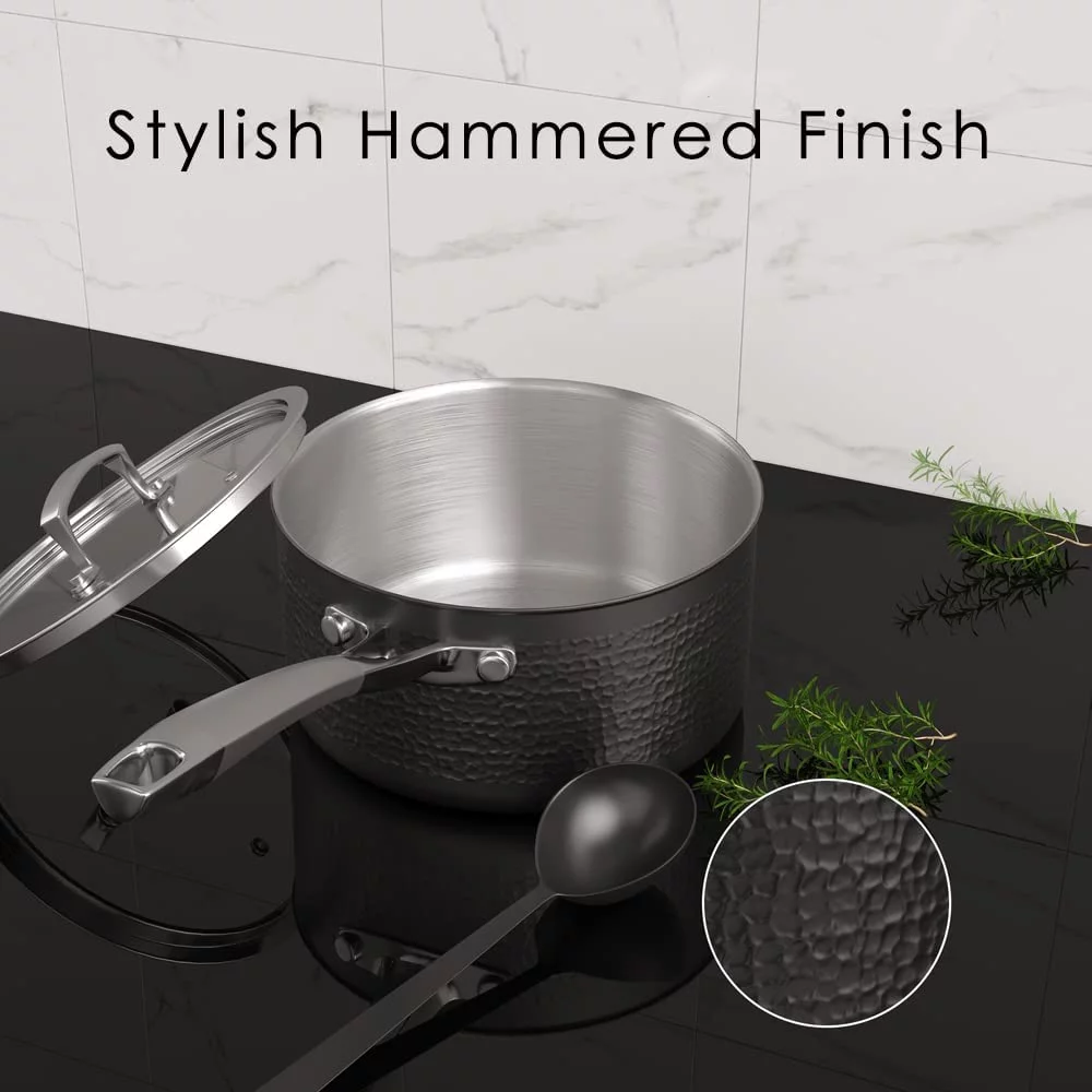 Homaz life Pots and Pans Set  Tri-Ply Stainless Steel Hammered Kitchen Cookware  Induction Compatible  Dishwasher and Oven Safe  Non-Toxic