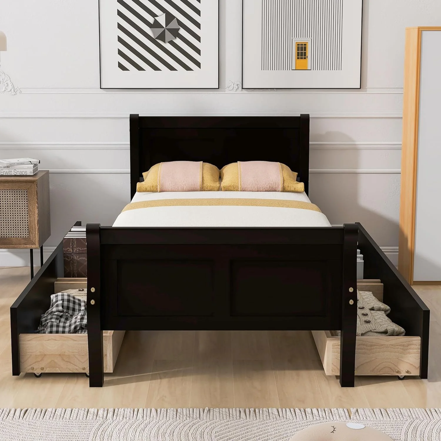 Wood Platform Bed, Size Platform Bed With 4 Storage Drawers, Platform Bed With Head Ad Footboard, Espresso