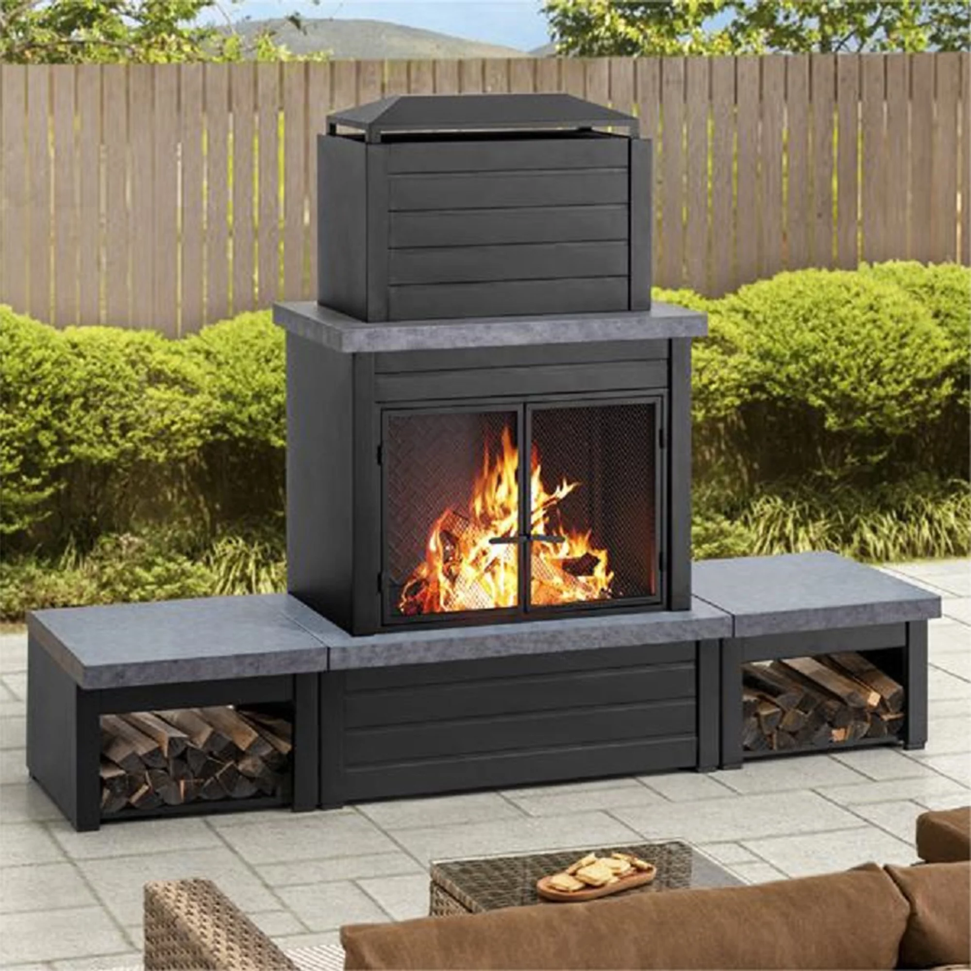 Sunjoy Wood Burning Fireplace &ndash; Matte Black Outdoor Steel Fireplace with Chimney, Log Holders, Fireplace Tool, and PVC Cover