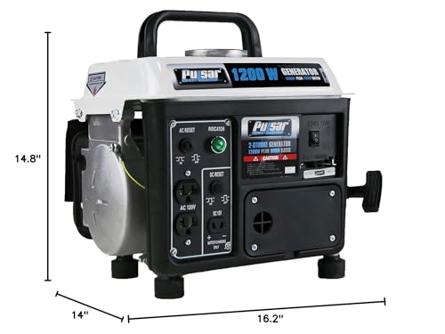 Pulsar 1,200W Carrying Handle, PG1202SA Gas-Powered Portable Generator, 1200W, Black/White
