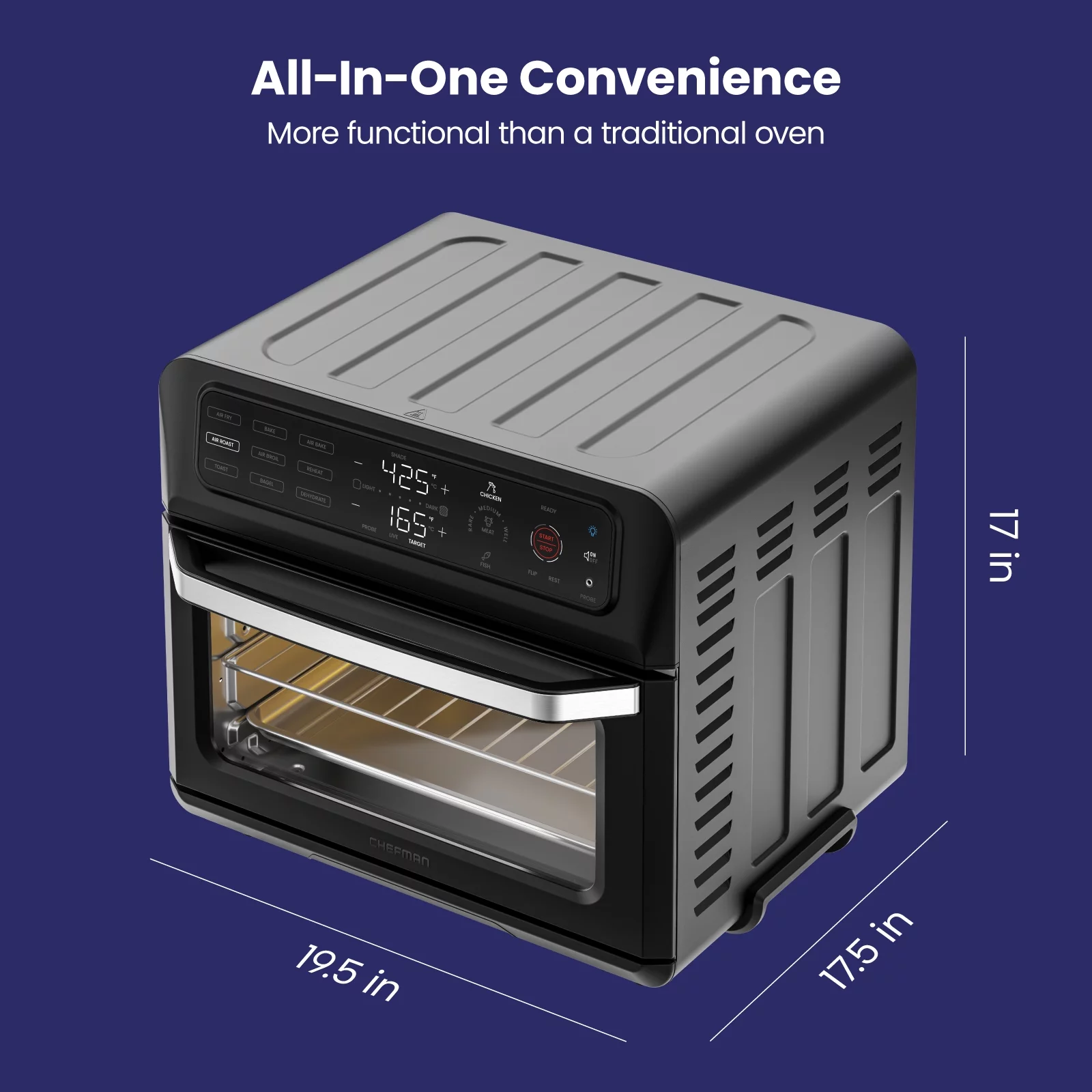 Chefman 12-in-1 Air Fryer Oven Combo w/ Probe Thermometer, 20 Qt Capacity - Black Stainless Steel, New
