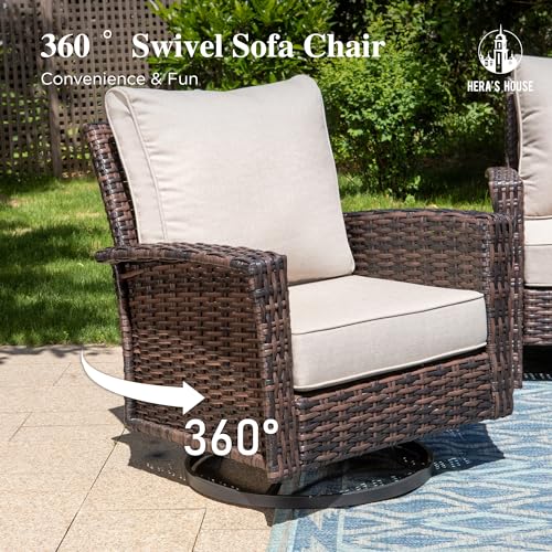 HERA'S HOUSE High Back Patio Furniture Set with Swivel Chairs, Outdoor Wicker Conversation Sets with 5.5" Comfy Cushions, 4 Piece Outside Sofa Sets