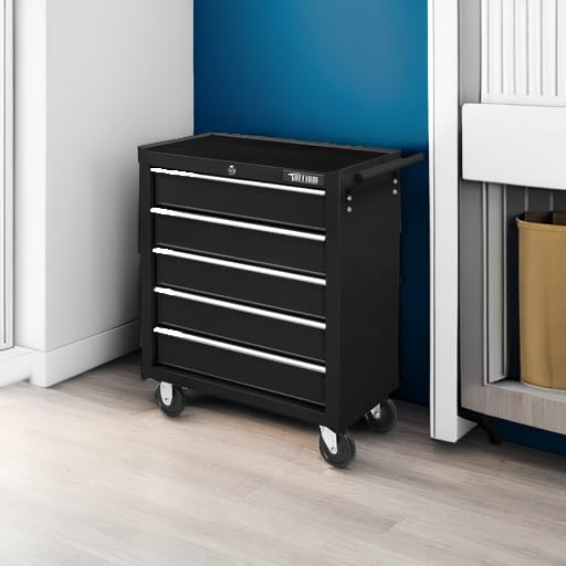 TUFFIOM 5-Drawer Rolling Tool Chest w/Drawers & Lock, Tool Storage Cabinet with Lockable Wheels, Top Cushion & Drawer Liners