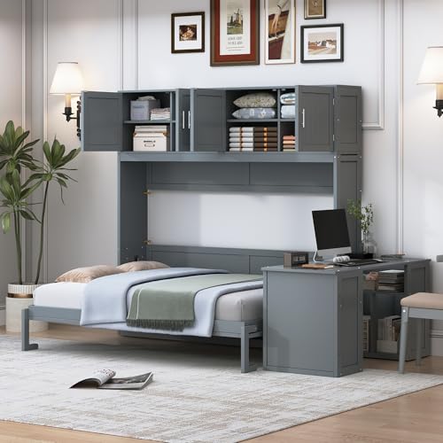 Harper & Bright Designs Twin Size Murphy Bed, Wooden Twin Wall Bed Frame with Closet, Drawers & Desk, White