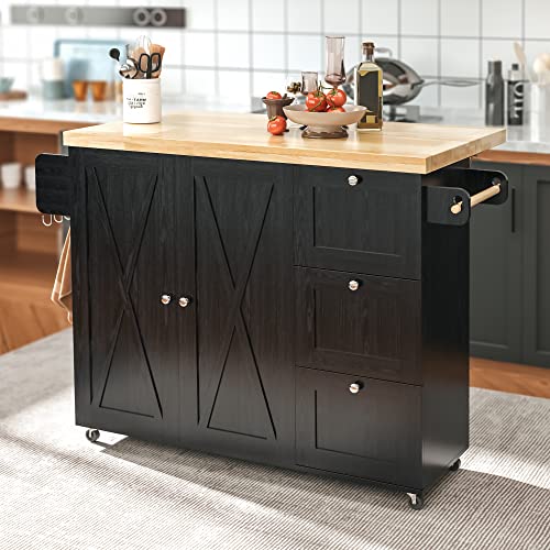 IRONCK Rolling Kitchen Island Cart with Drop-Leaf Countertop, Barn 3Drawers, Barn Door Style Cabine,Thicker Rubberwood Top, Spice Rack, on Wheels