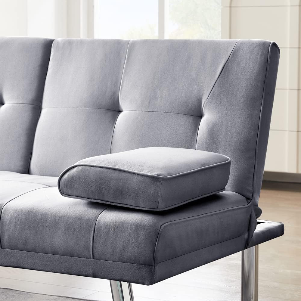 Convertible Folding Futon Sofa Bed, Fabric Linen Upholstered Modern Couch Loveseat Sleeper, Folding Daybed Guest Bed, Removable Armrests