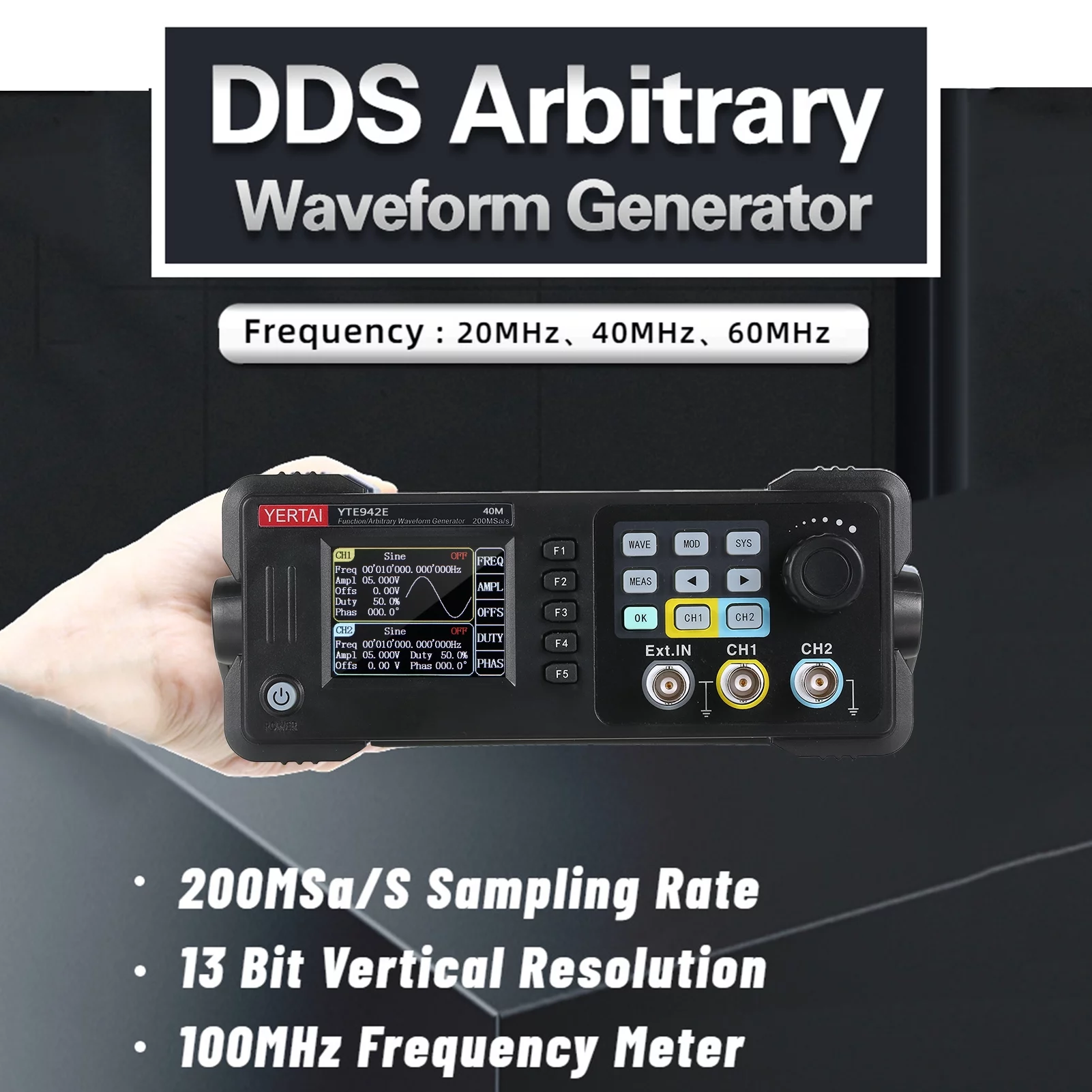 Portable Dual channel Function Arbitrary Waveform Generator, 200MSa/S Sampling Rate, 8k Storage Depth, 2.4 inch TFT LCD, Oscilloscope